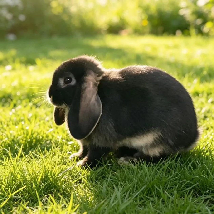 Black lop-eared rabbit sitting in a sunlit garden.