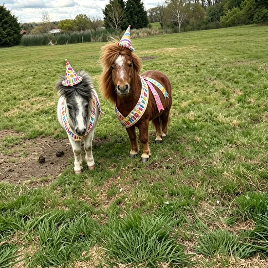 Two Shetland ponies wearing colourful birthday hats in a grassy field.