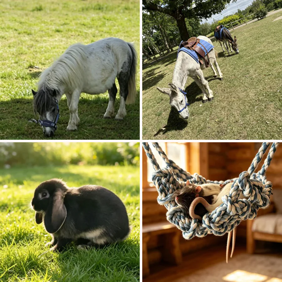 A four-square collage featuring a Shetland pony, donkeys, a rabbit and pet rats.