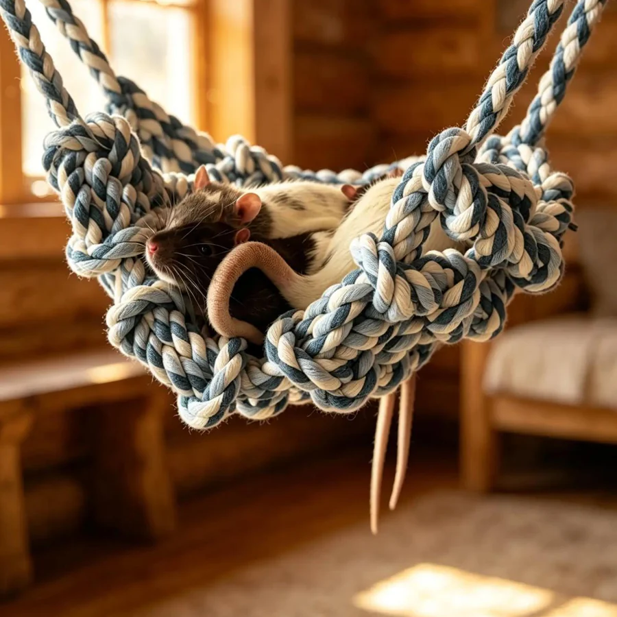 Pet rats relaxing together in a blue-and-white rope hammock.
